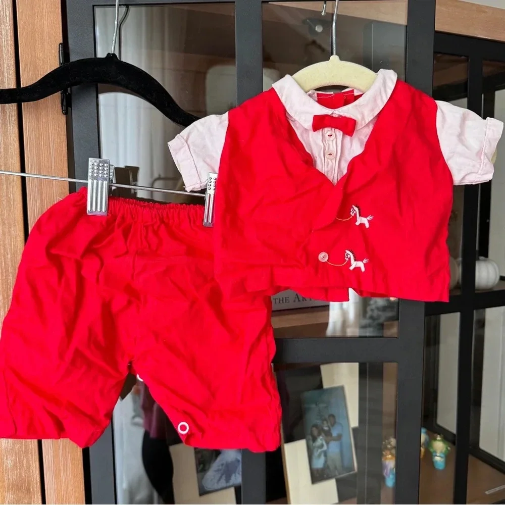 Vintage 1950s baby boy outfit matching set embroidered rocking horse shorts top
